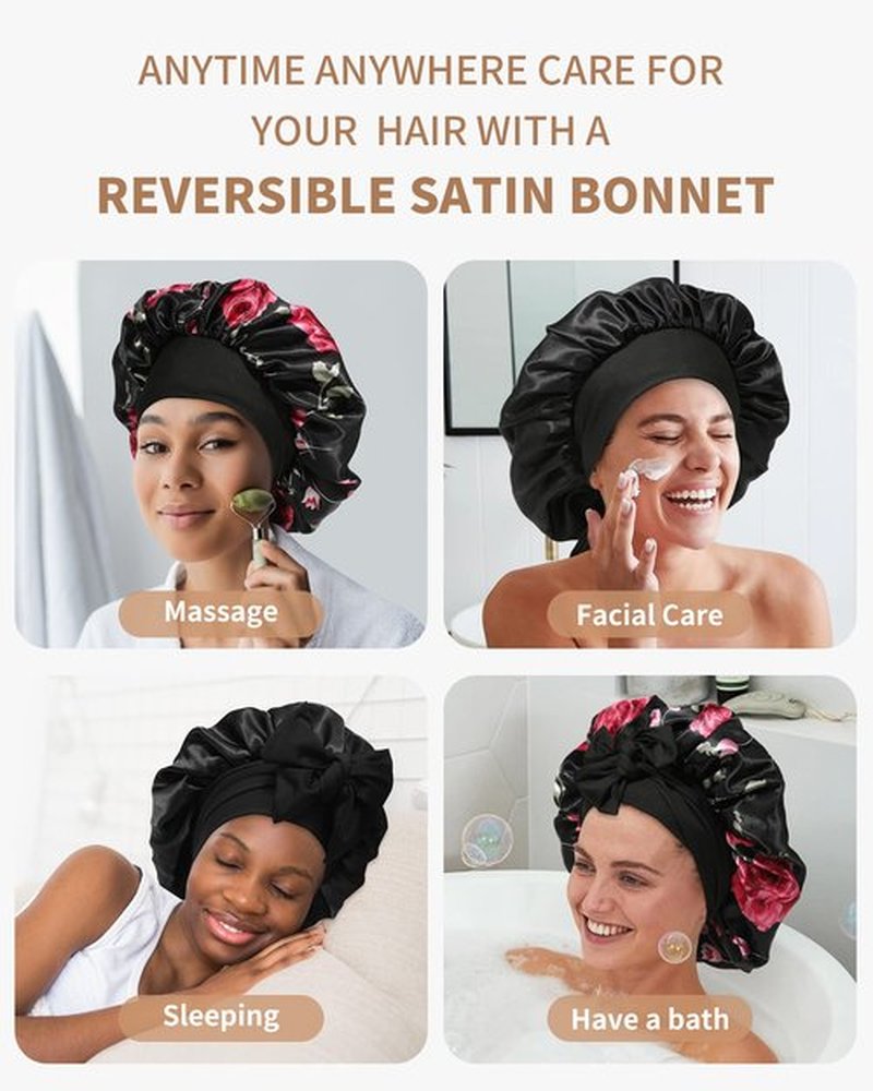 Satin Bonnet for Women Silk Bonnets for Sleeping Curly Hair Bonnet with Elastic Tie Band Reversible Double Layer Sleep Cap Hair Wrap (Black + Red Flower)