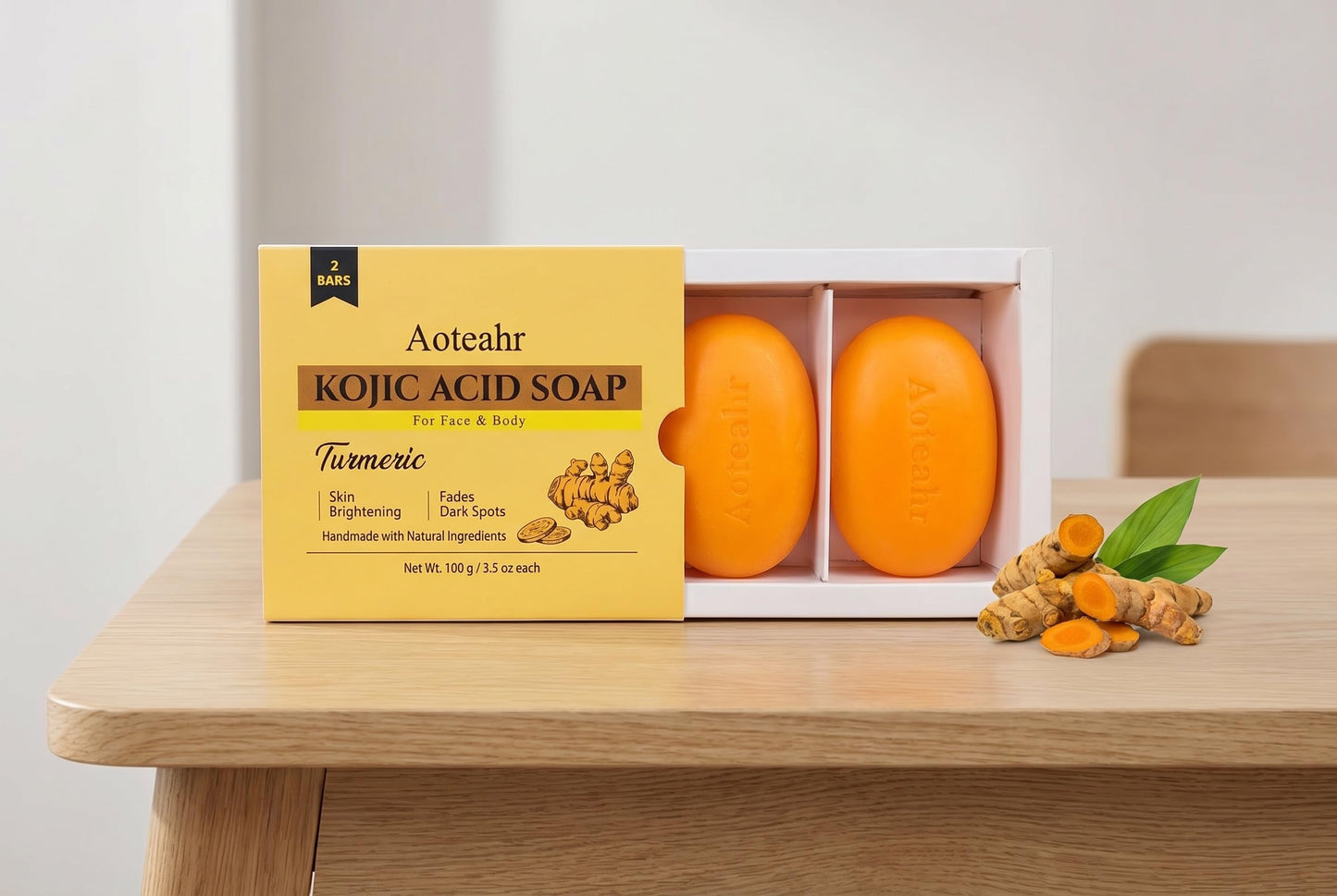 Aoteahr Kojic Acid Soap with Turmeric for Face & Body, Gentle Brightening Cleansing Bar, 3.5 oz Each, 2-Pack
