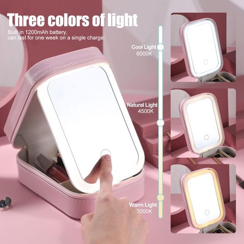 BS-MALL Travel Cosmetic Mirror Case LED Makeup Mirror Storage Case for Eyelash Station Makeup Brushes Cosmetic Tools Pink On-the-go Makeup Needs (Pink)