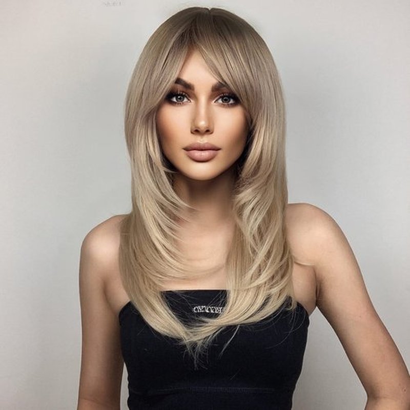 BERON Blonde Women Wigs Long Wavy Wig with Bangs Ash Blonde Curly Synthetic Layered Wigs for Daily Used Wigs Wig Cap Included