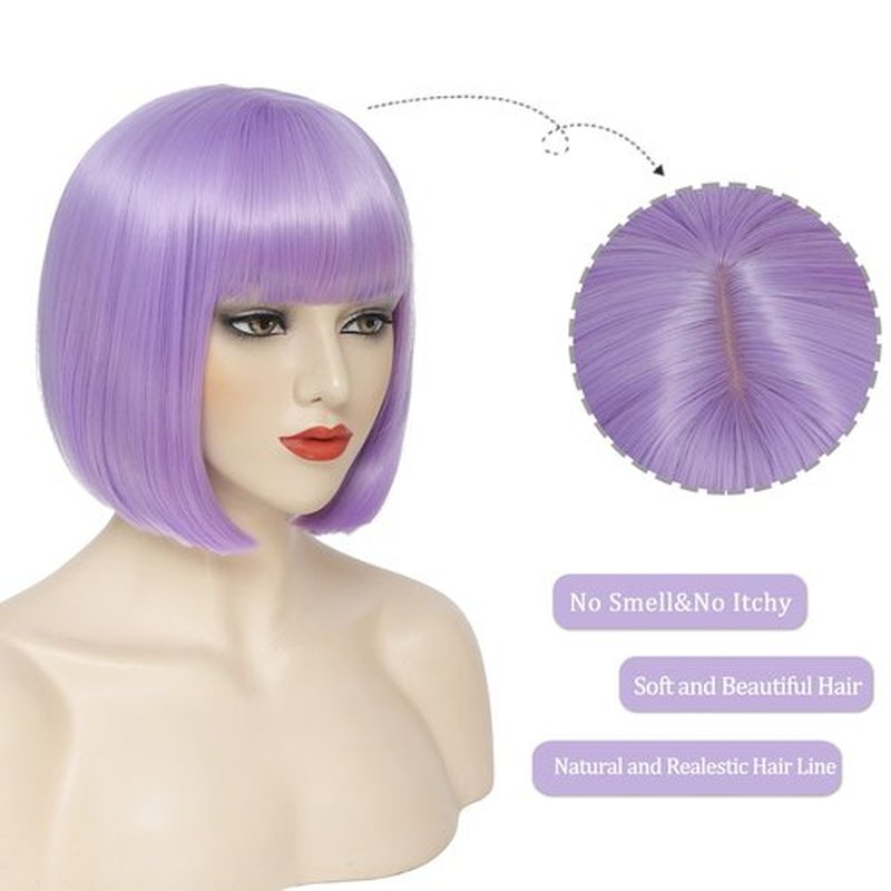 YBYMCAI Purple Bob Wig With Bangs Short Light Purple Bob Wigs For Women Lavender Straight Bob Bangs Wig 10 Inch Heat Resistant Synthetic Hair Natural Looking For Daily