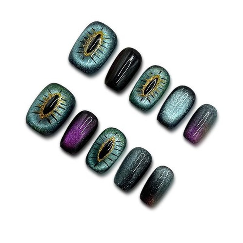 Wsliana Nails Handmade Press On Nail.Magnetic Press On Nail Short Square Cat Eye Fake Nails with Charm Design,Reusable Glue On Nail for Woman Gift,Set of 10pcs Lasting Acrylic False Nail Art (012 S)