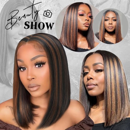 meiliprotea Brown Highlight Bob Wig Middle Part Synthetic Lace Front Wig Wear and Go Glueless Bob Closure Wig 15 Inch Shoulder Length Straight Bob Wigs for Women Daily Party Use (HL Brown)