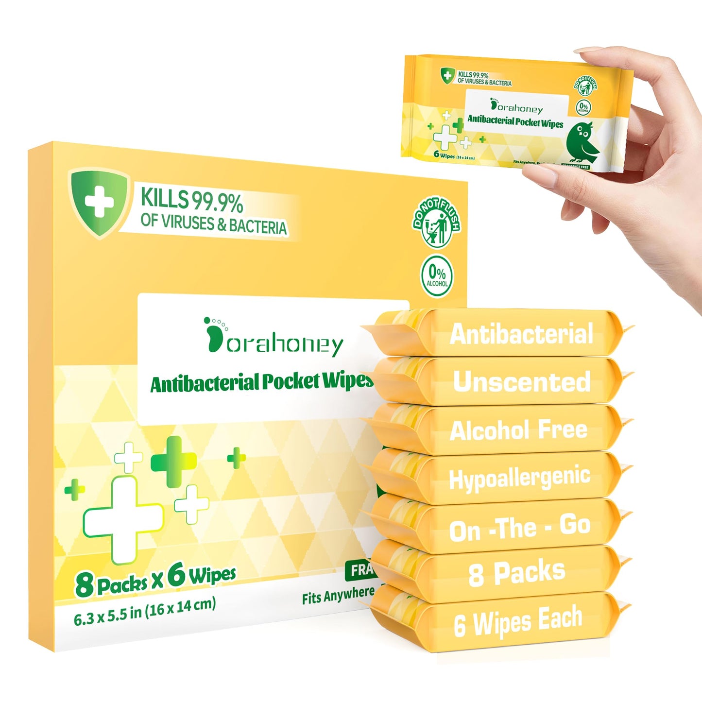 Dorahoney Travel Antibacterial Hand Wipes, 99% Water Hand Sanitizer Wipes, Safe for Sensitive Skin & Hypoallergenic Hand Sanitizing Pocket Wipes, 48 Count (8 Packs of 6)