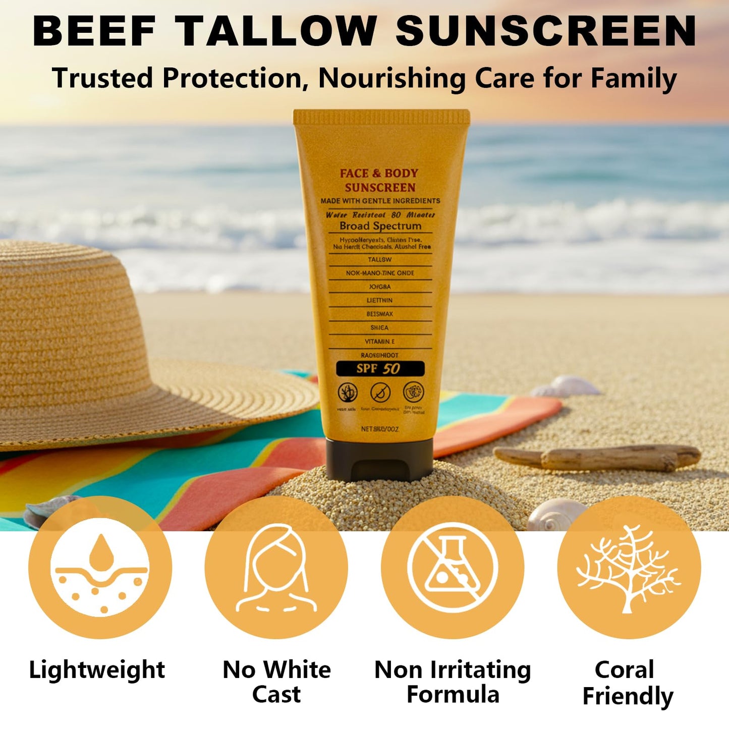 2pcs Beef Tallow Sunscreen with Zinc Oxide Reef Safe Sunscreen SPF 50,Non-Greasy Beef Tallow Sunscree Natural Organic Formula for Body Facial,Women and Men(85g/count)
