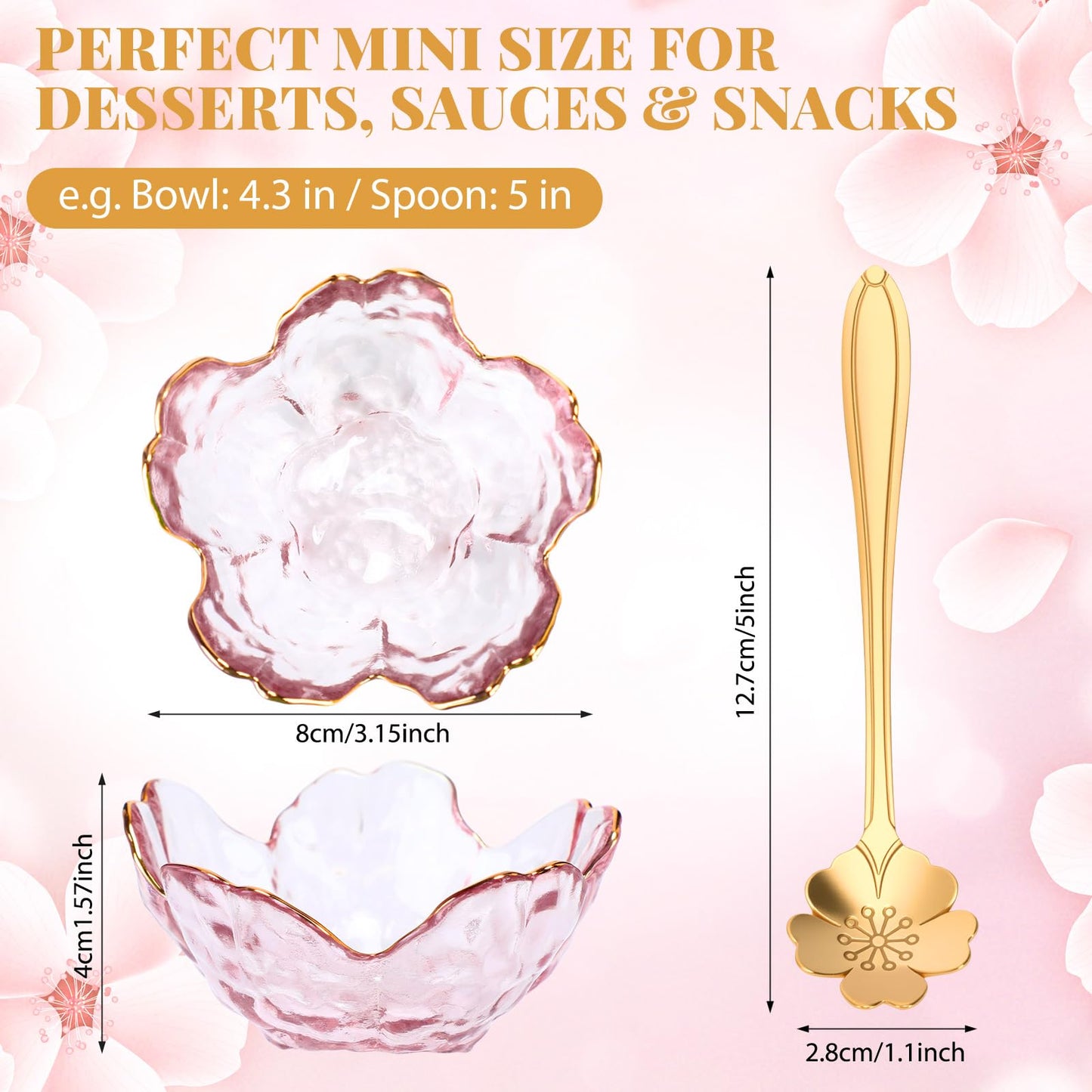 Yiyiring Set of 8 Pink Cherry Blossom Glass Bowls with Flower Spoons, Sakura Sauce Dishes Seasoning Little Bowl Japanese Flower Crystal Glass Appetizer Plates for Dipping Ice Cream(Gold Rim)