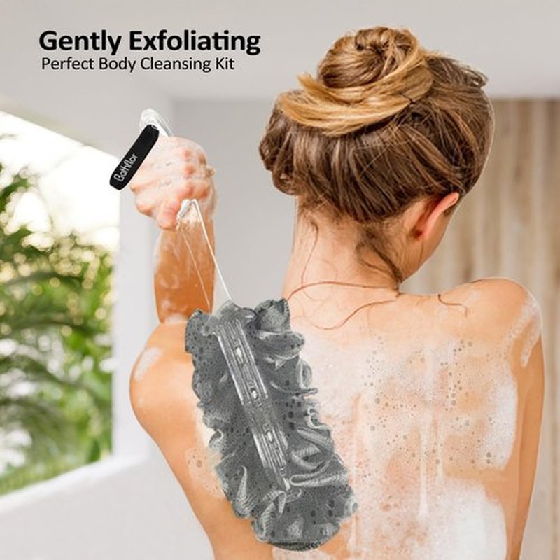 Bathflor Loofah Sponge Exfoliating Body Scrubber: 4PCS Extra Large 80g Shower Loofah Poufs, 1PCS Long Handle Loofa Back Scrubber, 1PCS Luffa Hook, Charcoal Loofah Pack for Women Men Bath Wash, Black
