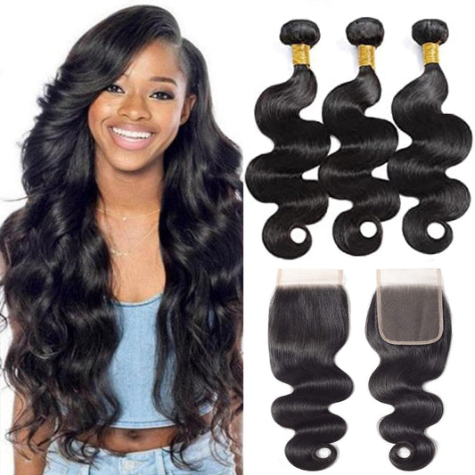 Selina Brazilian Body Wave Hair 3 Bundles With Free Part Closure Brazilian Virgin Human Hair 12A 100% Unprocessed Brazilian Hair Lace Closure Natural Black (10"12"14" with 8" Closure, Body 3+1)