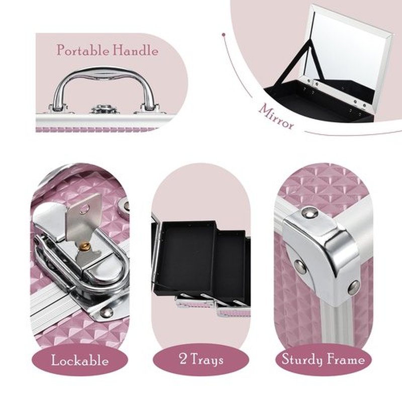 Joligrace Makeup Train Case Portable Cosmetic Box Jewelry Organizer Lockable with Keys and Mirror 2-Tier Trays for Makeup Artists Craft Nail Kits Sewing Box Traveling Makeup Storage Case Pink