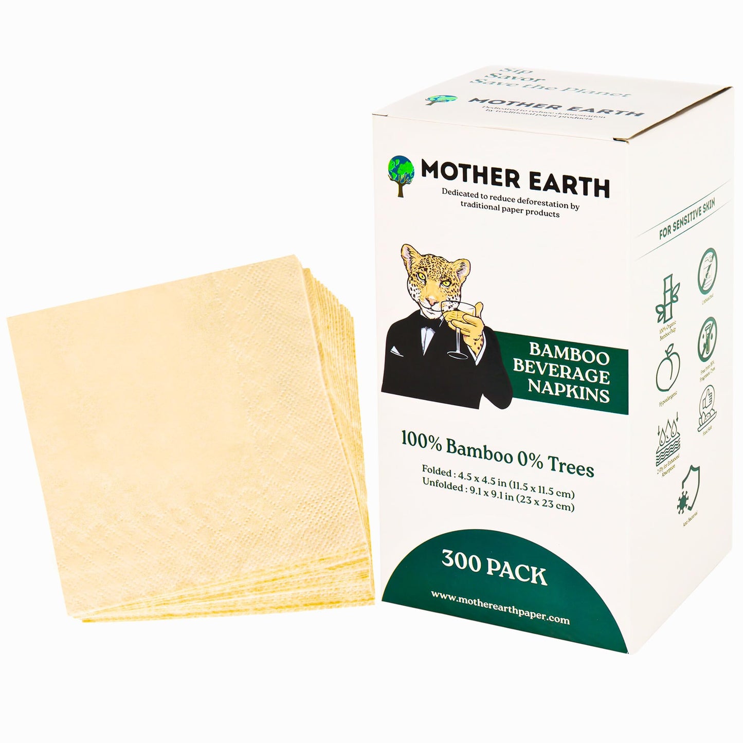 MOTHER EARTH Bamboo Beverage Napkins - 2 Ply, 50 Pack | Compact, Absorbent Disposable Cocktail Napkins for Drinks (50 Beverage Napkins)