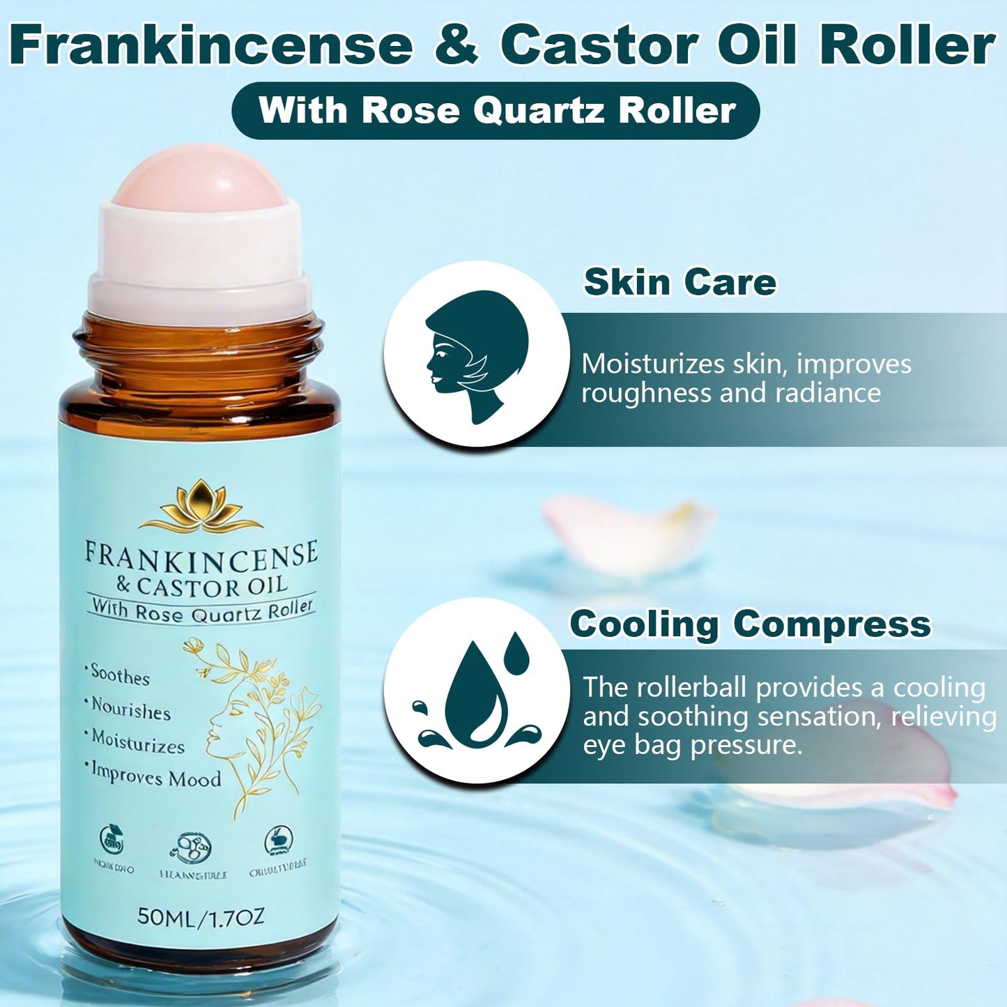 2PCS Frankincense and Castor Oil Roll On with Rose Quartz,Deeply Moisturize