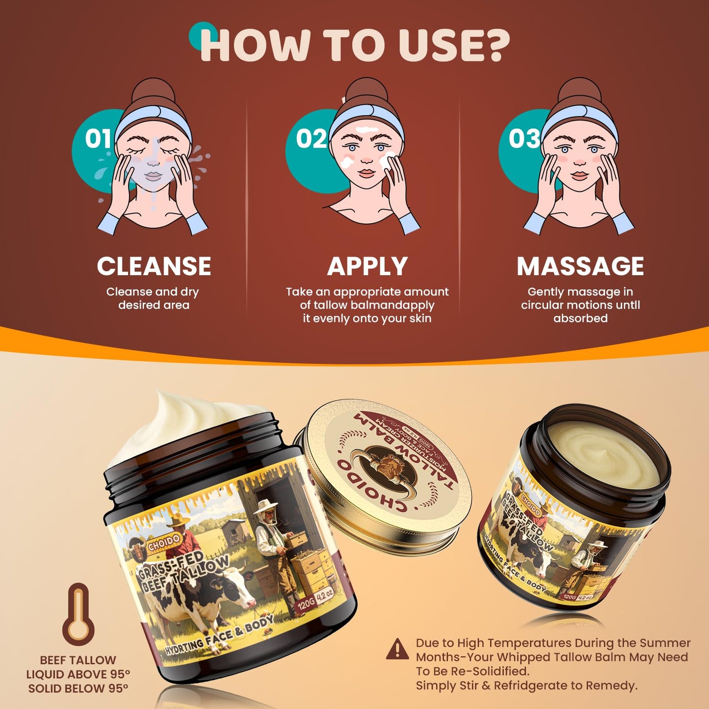 Choido Tallow and Honey Balm, Beef Tallow for Skin, Whipped Organic Grass-Fed Beef Tallow, Natural Whipped Face Moisturizer & Body Butter for Dry & Sensitive Skin