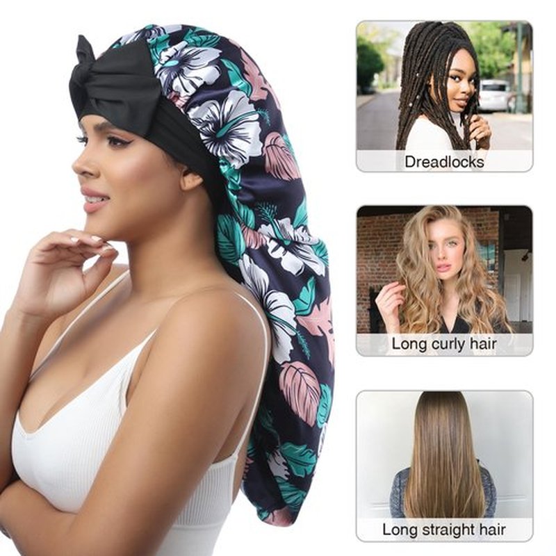 AWAYTR Long Satin Bonnet for Women - Double Layer Elastic Silk Bonnet for Braids Hair Sleeping Cap with Tie Band (Flower D)