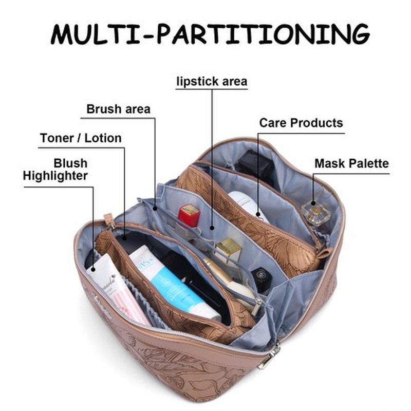 Travel Makeup Bags Cosmetic Organizer Bag: 3-Set Large Capacity Make up Bag - PU Leather Toiletry Bag for Women - Wide Open Portable Pouch with Divider & Handle (01-Z-Brown)
