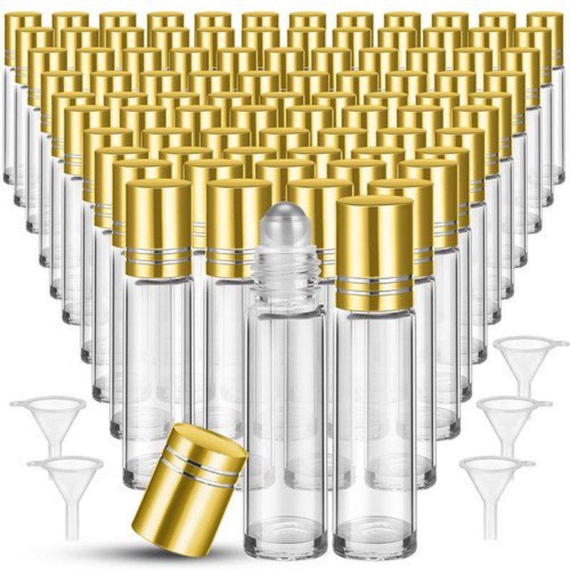 Sumind 150 Pcs Essential Oil Roller Bottles 10 ml Glass Roller Bottles with Stainless Steel Roller Balls Empty Bottles Leak Proof Roll on Bottles with 5 Funnel for Travel Essential Oil (Gold)