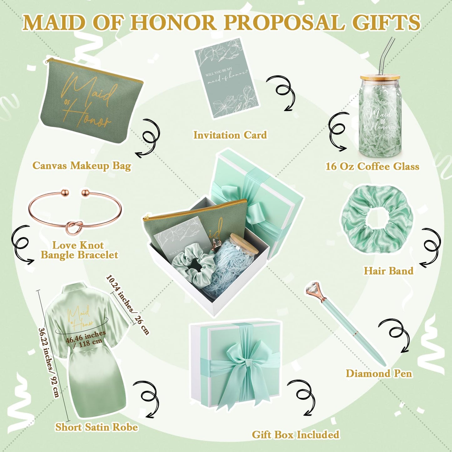 Irenare 8 Pcs Proposal Gifts Set Robes Makeup Bag Cup Cards Hair Tie Bracelet Diamond Pen Bridesmaid Gift Box (Light Green,Maid of Honor)