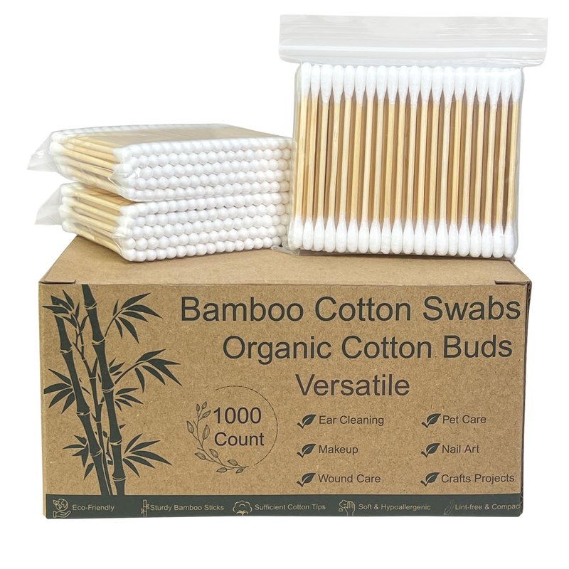 Meanhoo 1000 Count Bamboo Cotton Swabs – Sturdy Wooden Sticks for Makeup & Personal Care, Biodegradable Double-Tipped Cotton Buds – Gentle & Absorbent Applicator for Home & Travel (10 Packs of 100)