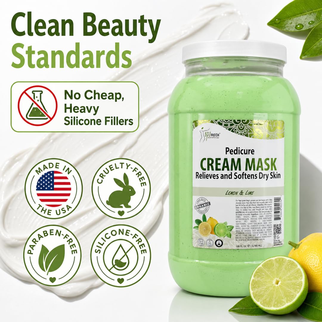 SPA REDI Lemon Pedicure Massage Cream & Foot Mask – Hyaluronic Acid, Amino Acids & Panthenol for Cracked Heels & Dry Skin | Paraben-Free, Silicone-Free, Cruelty-Free | Made in USA | 128 oz