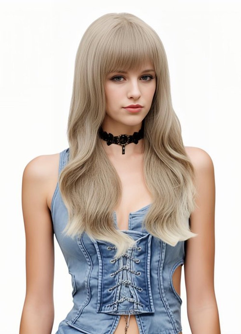 Rugelyss Ash Blonde Gray Long Wigs Heat Resistant Synthetic Cosplay Wavy Wigs with Bangs for Women