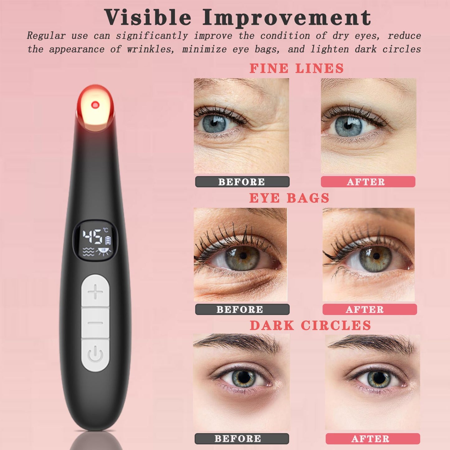 Vowleike Eye Lift Wand, 3 in 1 Vibrating 98°F to 113°F LCD Eye Massager for Dry Eyes, Dark Circles and Puffiness, Face & Neck Lifting Tool for Fine Lines and Wrinkles, Black
