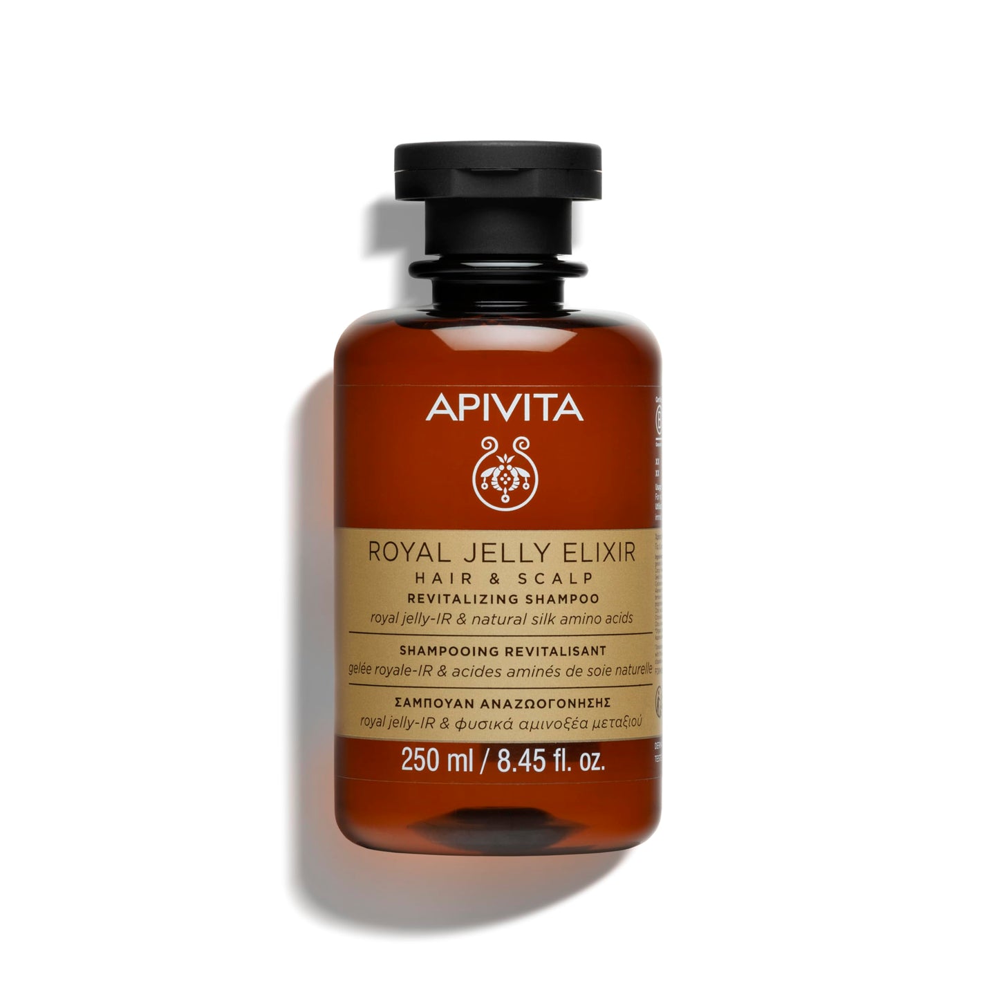Apivita Royal Jelly Elixir Revitalizing Shampoo, enriched with patented Royal Jelly-IR and natural silk amino acids, It strengthens and revitalizes hair & scalp