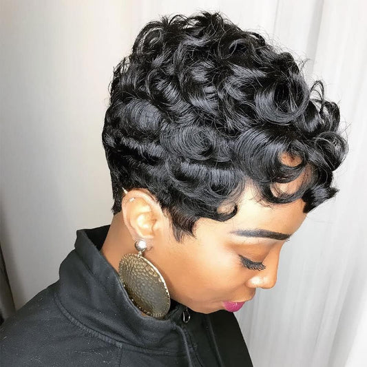 Yviann Short Pixie Wigs for Black Women Short Human Hair WigsFor Black Women Natural Wavy Black Pixie Cut Wig ShortCurly Layered Pixie Wig for Women Black Color 1B