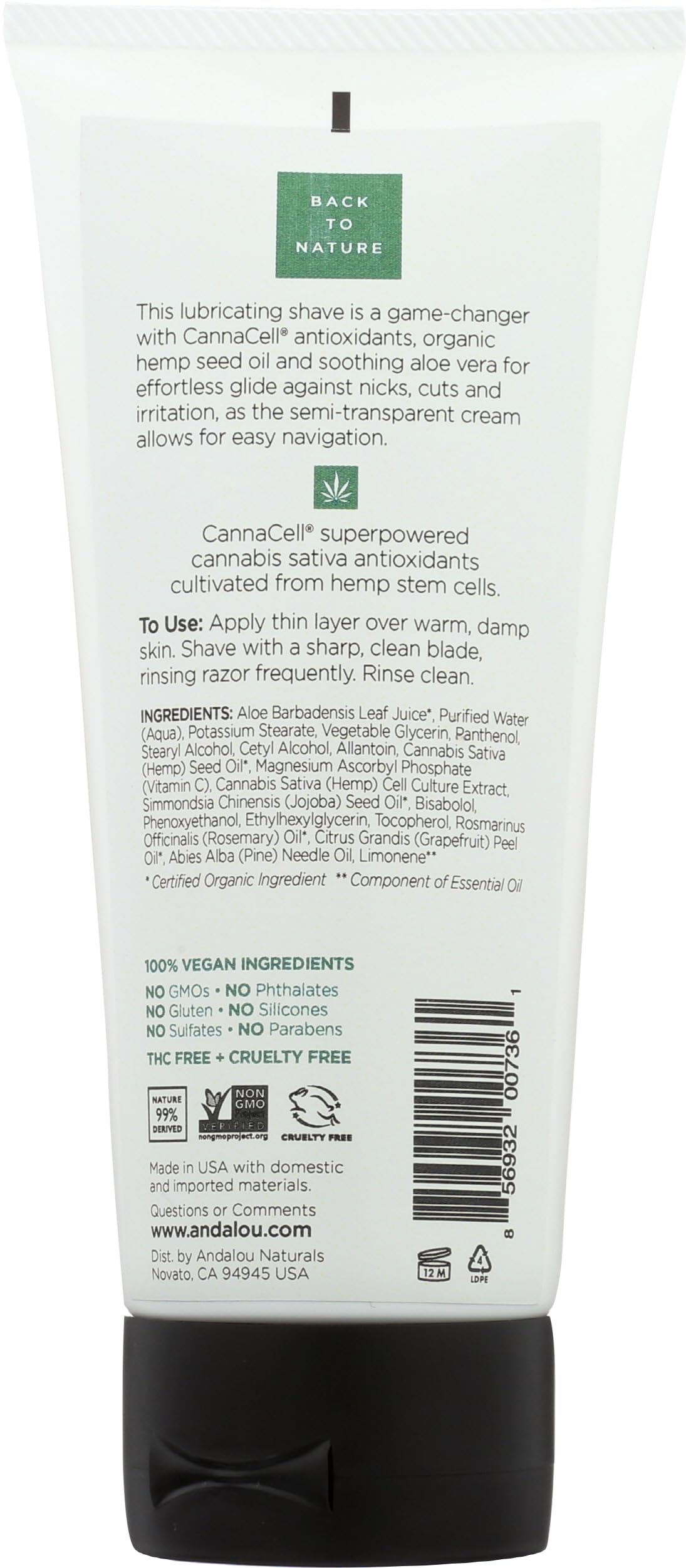Andalou Naturals CannaCell MEN Smooth Glide Shave Cream, 6 Ounce