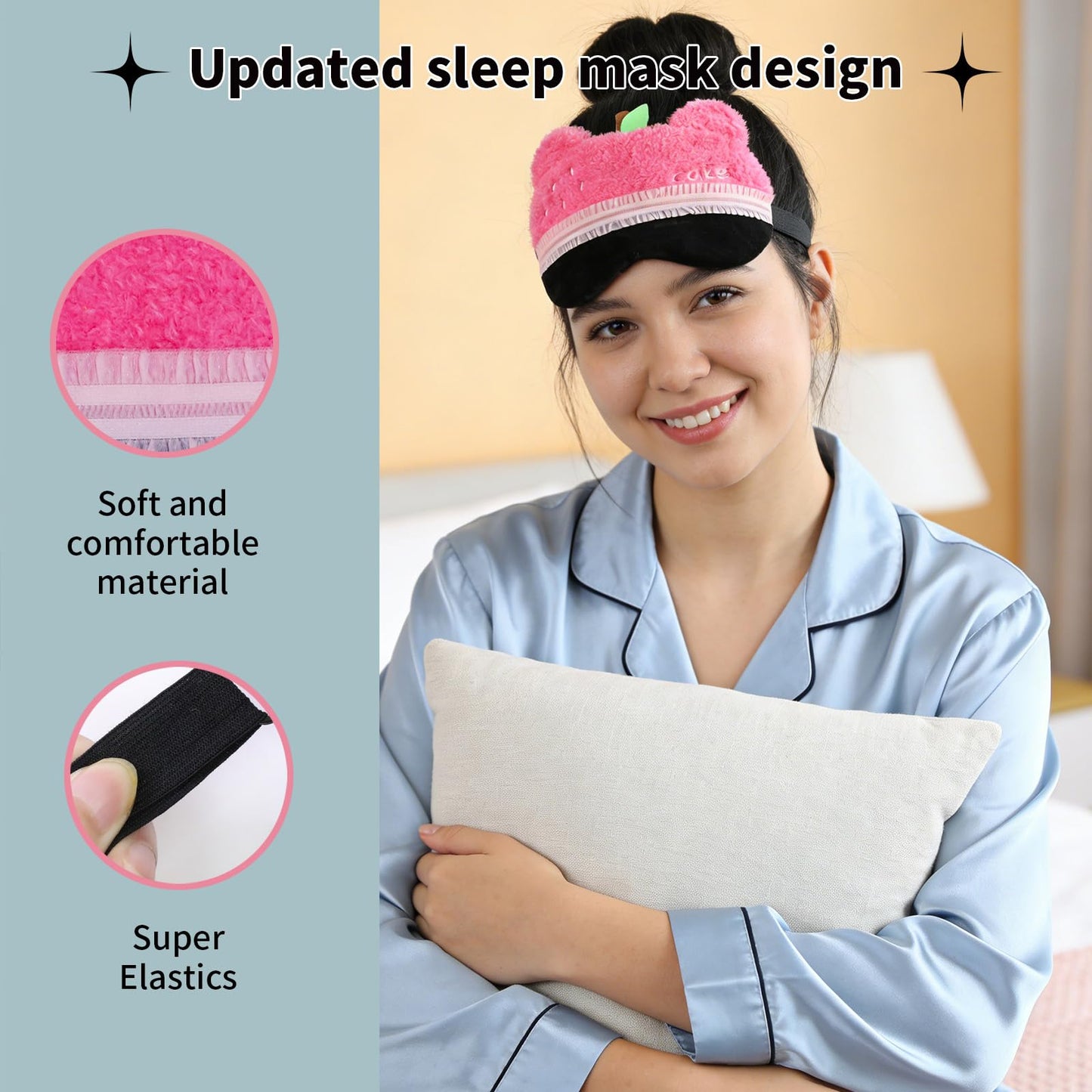 PERFECTSIGHT Sleep Eye Masks, Cute Bear Plush Sleep Eye Cover Lightweight Adjustable Eyeshade Faux Fur Mask Cover for Women Men Kids Sleep Travel Nap, Rose Pink Cake