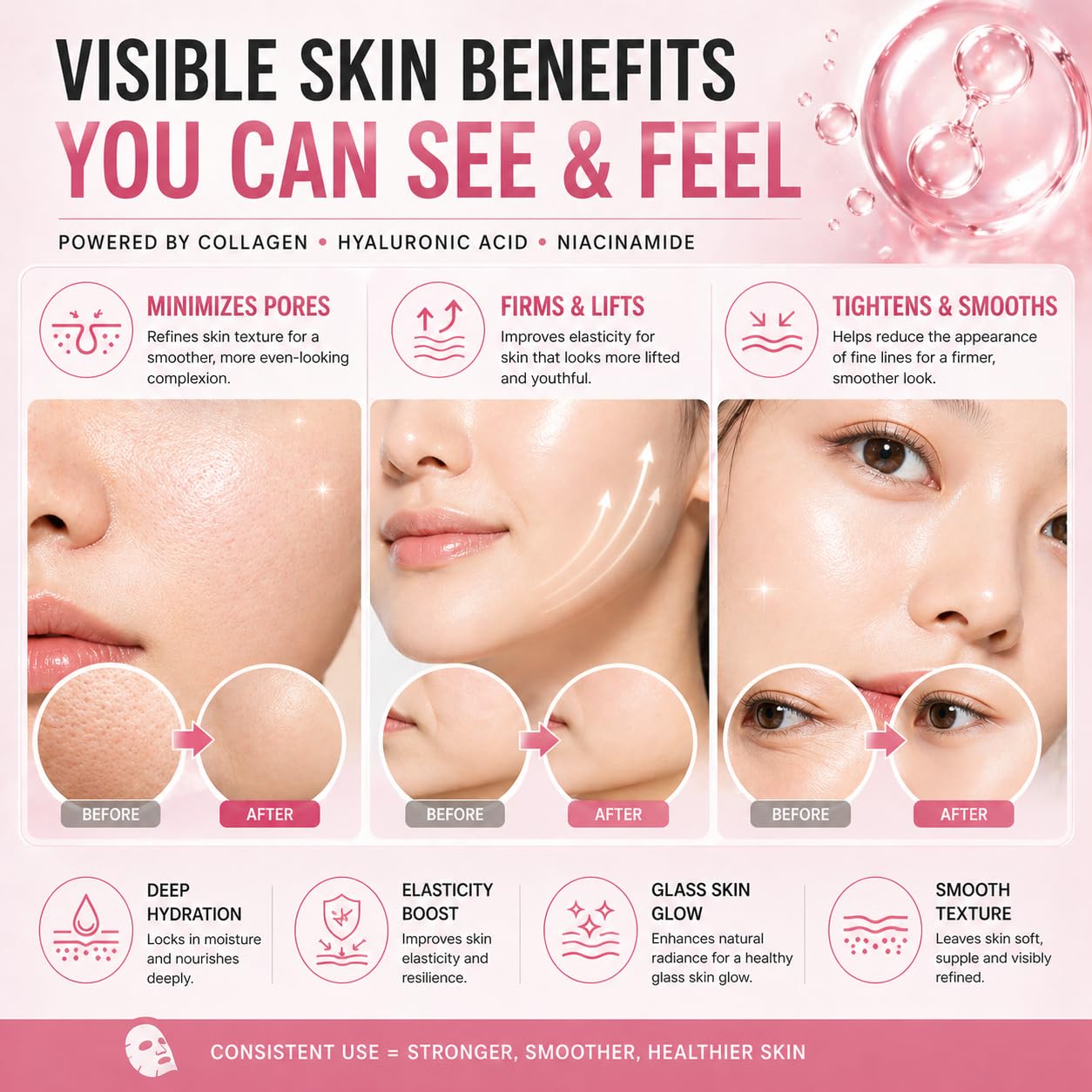 Bsovira Bio Collagen Face Mask 16 Pack – Hyaluronic Acid Korean Sheet Mask