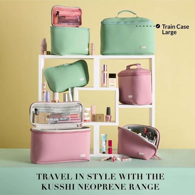 KUSSHI Neoprene Train Case Makeup Bag - Washable Makeup Travel Bag & Vanity Case for Stress Free Travel (Large, Sage/Coral Rose)