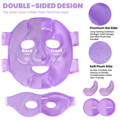 RelaxCoo Ice Face Eye Mask for Dark Circles and Puffiness Cold Warm Compress, Gel Cold Cooling Face Mask Package for Women and Men, Migraines, Headache, Stress and Relaxation Purple