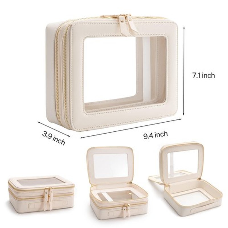 Aveniee Clear Makeup Bags, Double Layer Cosmetic Bags with a Separate Brush Compartment, Travel Toiletry Bag Train Case for Women, Travel Accessories Organizer for Purse(2 Layers Large, White)