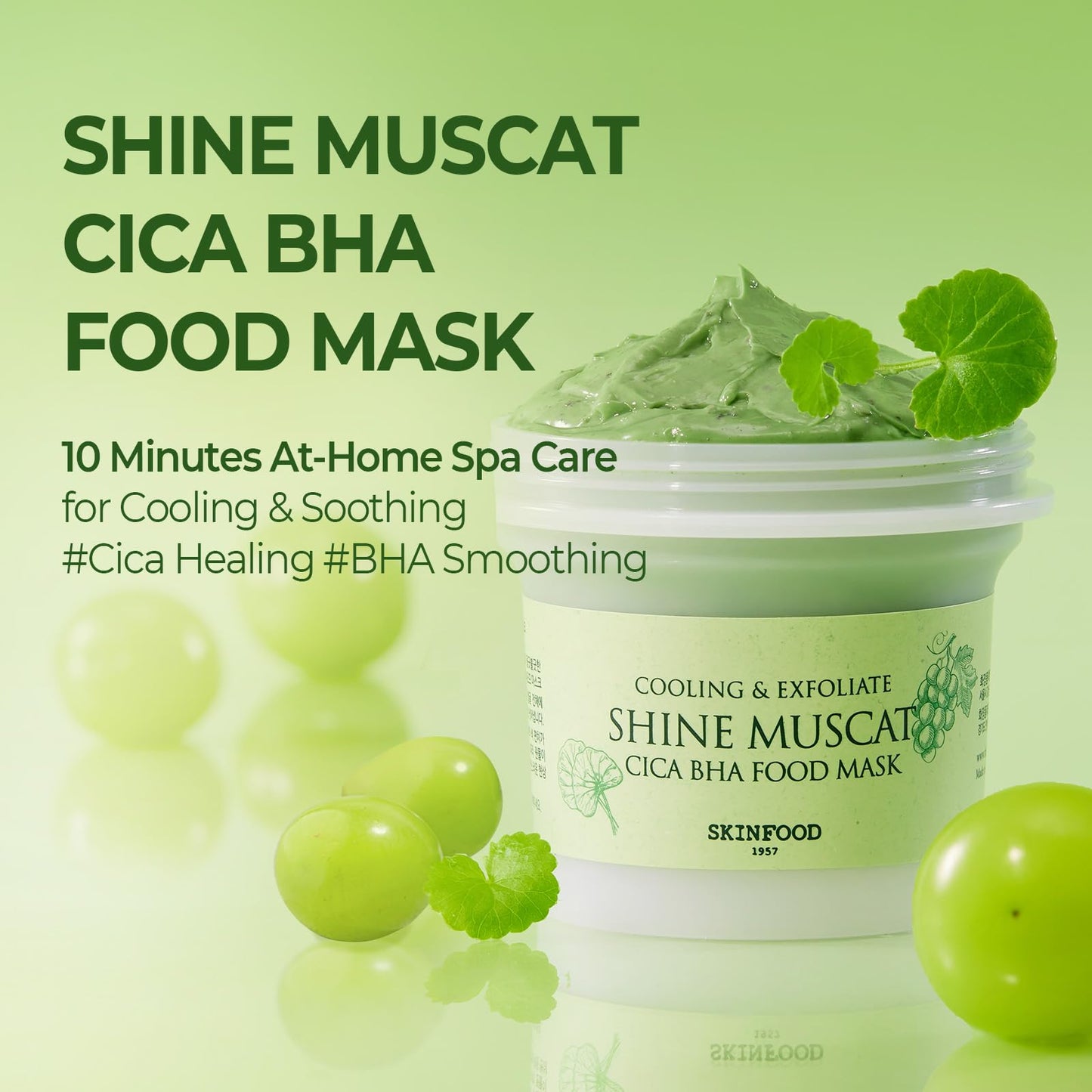 SKINFOOD Shine Muscat Cica BHA Food Mask – Soothing & Cooling Wash-Off Face Mask with Real Shine Muscat, Cica, and BHA – Exfoliating, Pore-Clearing, Vegan Korean Skincare, 180g