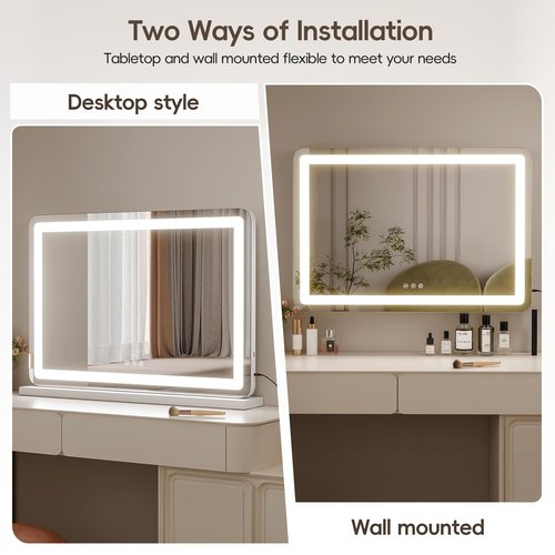 ZL ZELing Vanity Mirror with Lights 32" x 23" LED Makeup Mirror with Lights, Dimmable 3-Color Lighting and 5X Magnification Mirror, Touch Screen Control, Wall-Mountable and Tabletop Design