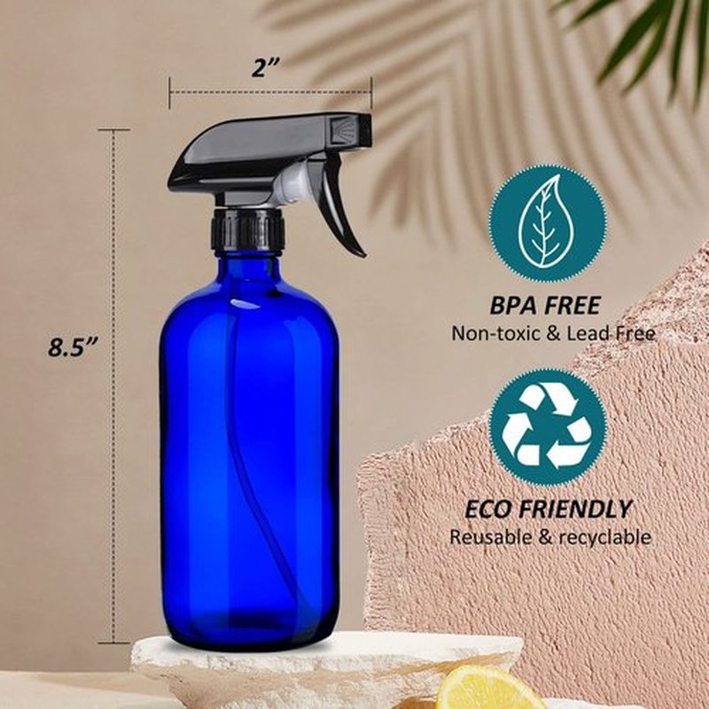 HAOERMEI 16 oz Blue Glass Spray Bottles - 2 Pack Refillable Empty Bottle for Cleaning Solutions, Essential Oils, Plants, Hair Mister - with Pump,Labels &Funnel, Dropper (Blue-2PACK)