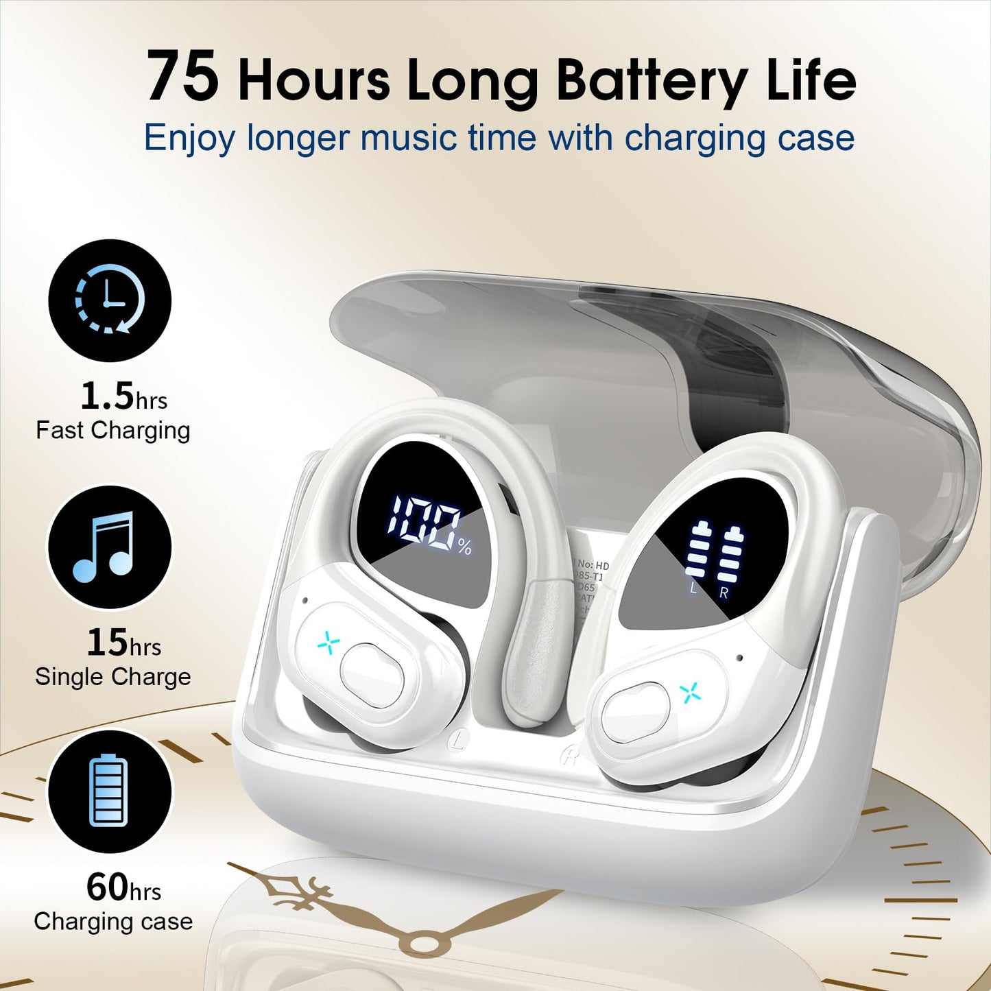 Wireless Earbuds 75H Bluetooth 5.4 Sport Headphones with Earhooks, White