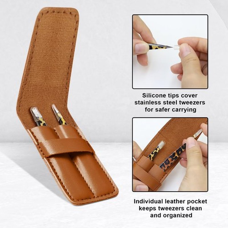 2 Pack Leopard Print Tweezers -Professional Stainless Steel Tweezers for Men and Women, Precision Eyebrow Tweezers for Ingrown Hair Removal