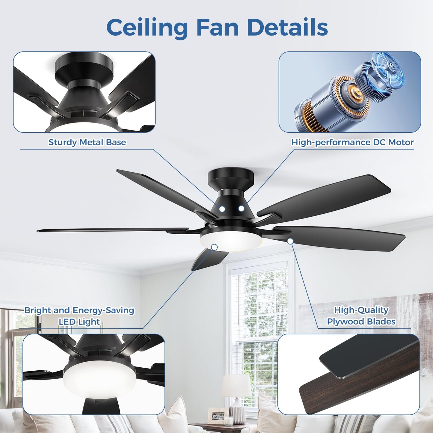 FancyMay 52 Inch Ceiling Fans with Lights,Quiet DC Motor, 6 Speeds, App and Remote Control, Dimmable, 3CCT LED Light, Low Profile Ceiling Fan for Living Room, Bedroom, Black