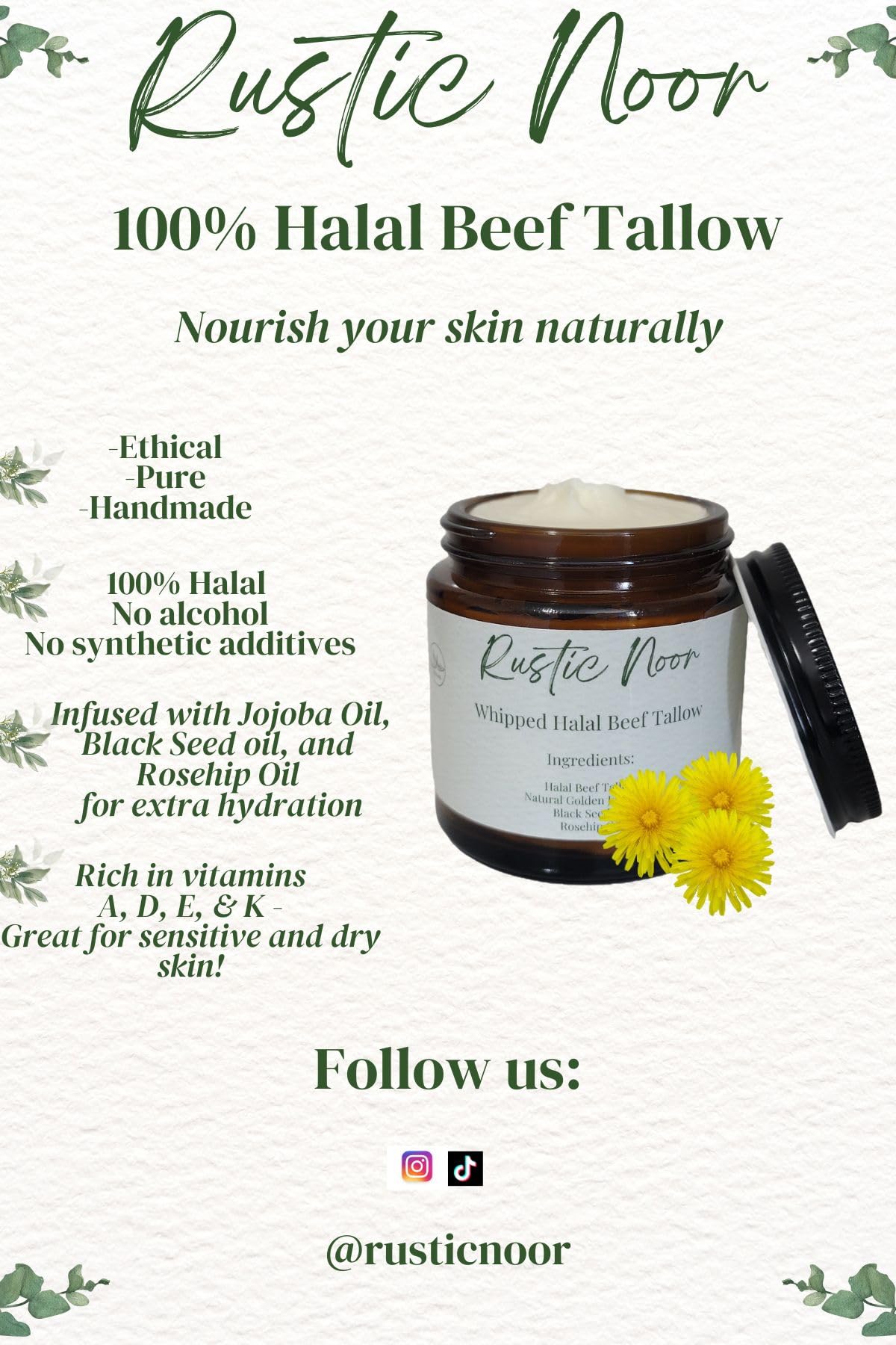 Rustic Noor - 100% Halal Beef Tallow Cream for Skin, Face, & Body. Whipped Moisturizer - 2oz Jar (Handmade in Upstate NY) (2 oz, Unscented)