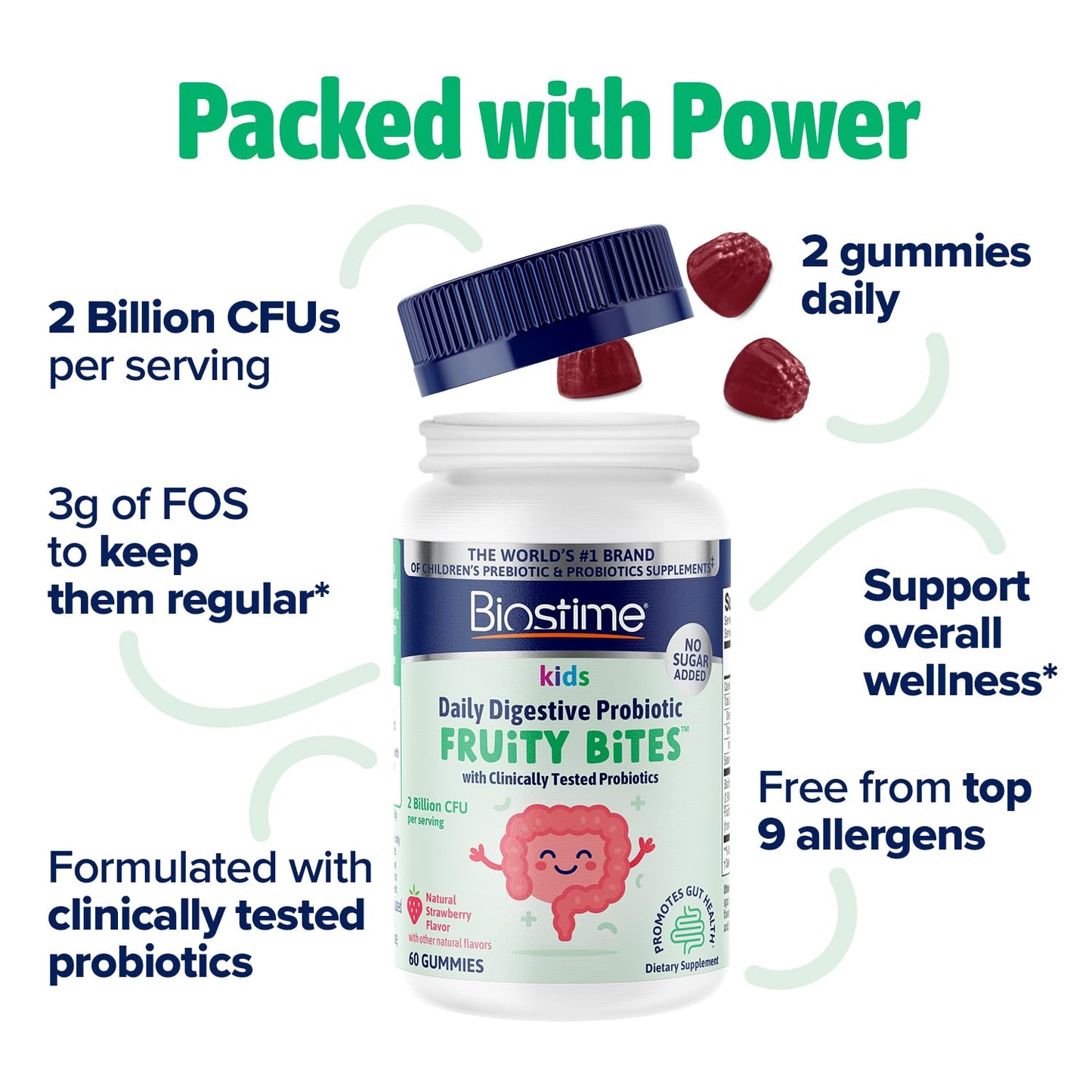 Biostime Kids Prebiotic & Probiotic Gummies (Ages 4+) | Probiotics for Kids | Includes 2 Billion CFU to Support Digestive Health| No added sugar Fruity Bites | Free from Top 9 Allergens |50 Count