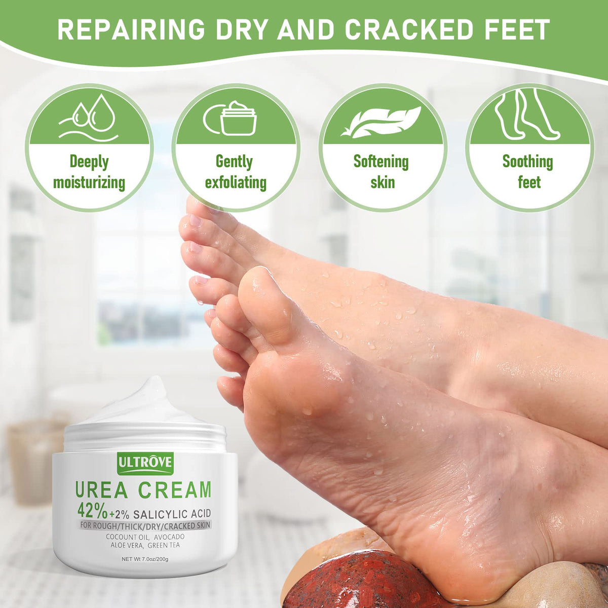 Ultrove Urea Cream 42% with 2% Salicylic Acid, Callus and Dead Skin Remover, Deeply Moisturize, Repair Dry, Cracked, Rough Skin of Heel, Elbow and Knee, Effective Urea Foot Cream(7oz)