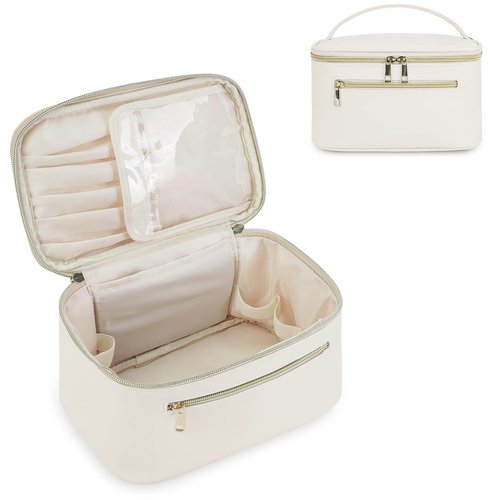 Wandering Nature Makeup Bag, Travel Make Up Organizer Cosmetic Brush Bags Case for Women in Vegan Leather, Milky White(Patent Pending)