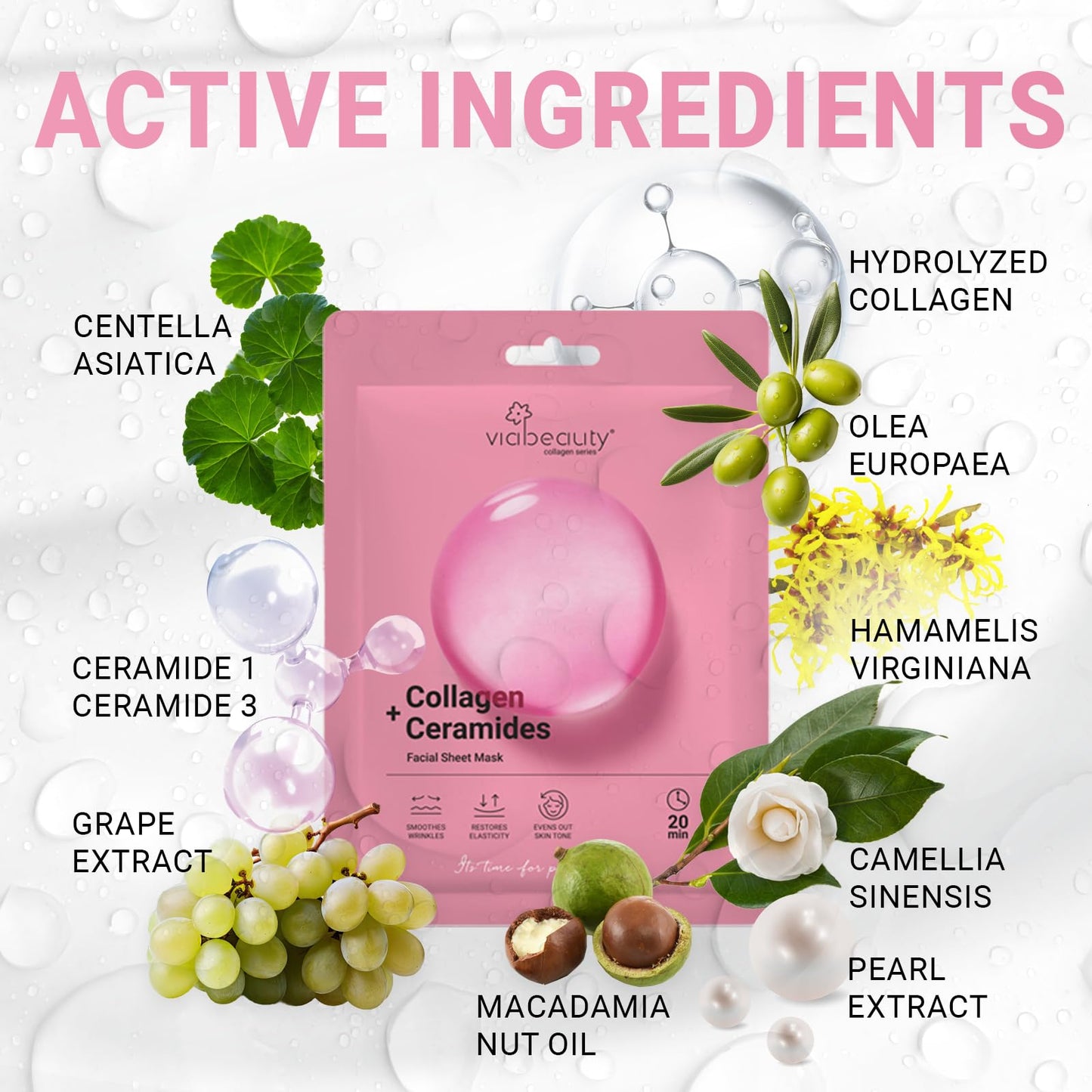 VIABEAUTY 8 Pack of Collagen Face Mask with Ceramides - Rejuvenating Facial Sheet Mask, Reduce Wrinkles & Fine Lines - Face Masks Skincare Moisturizing Collagen Mask for All Skin Types