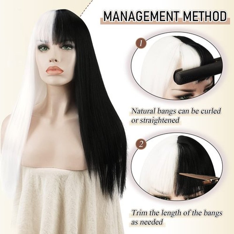 SOFEIYAN Long Straight Wig with Bangs Black&White Synthetic Hair Replacement Wigs Heat Resistant Full Wig for Women Girls 26 inches