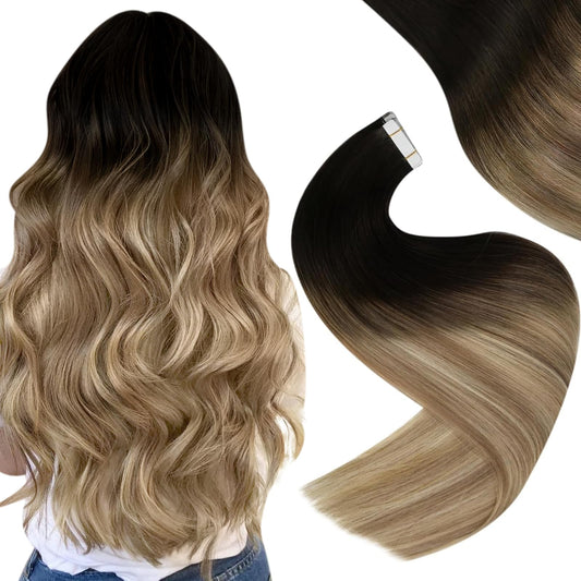 Easyouth Tape in Hair Extensions Human Hair Ombre Black Real Human Hair Tape in Extensions Dirty Brown Blonde Balayage Tape in Extensions Human Hair Remy #1b/8/22 12Inch 30g 20Pcs