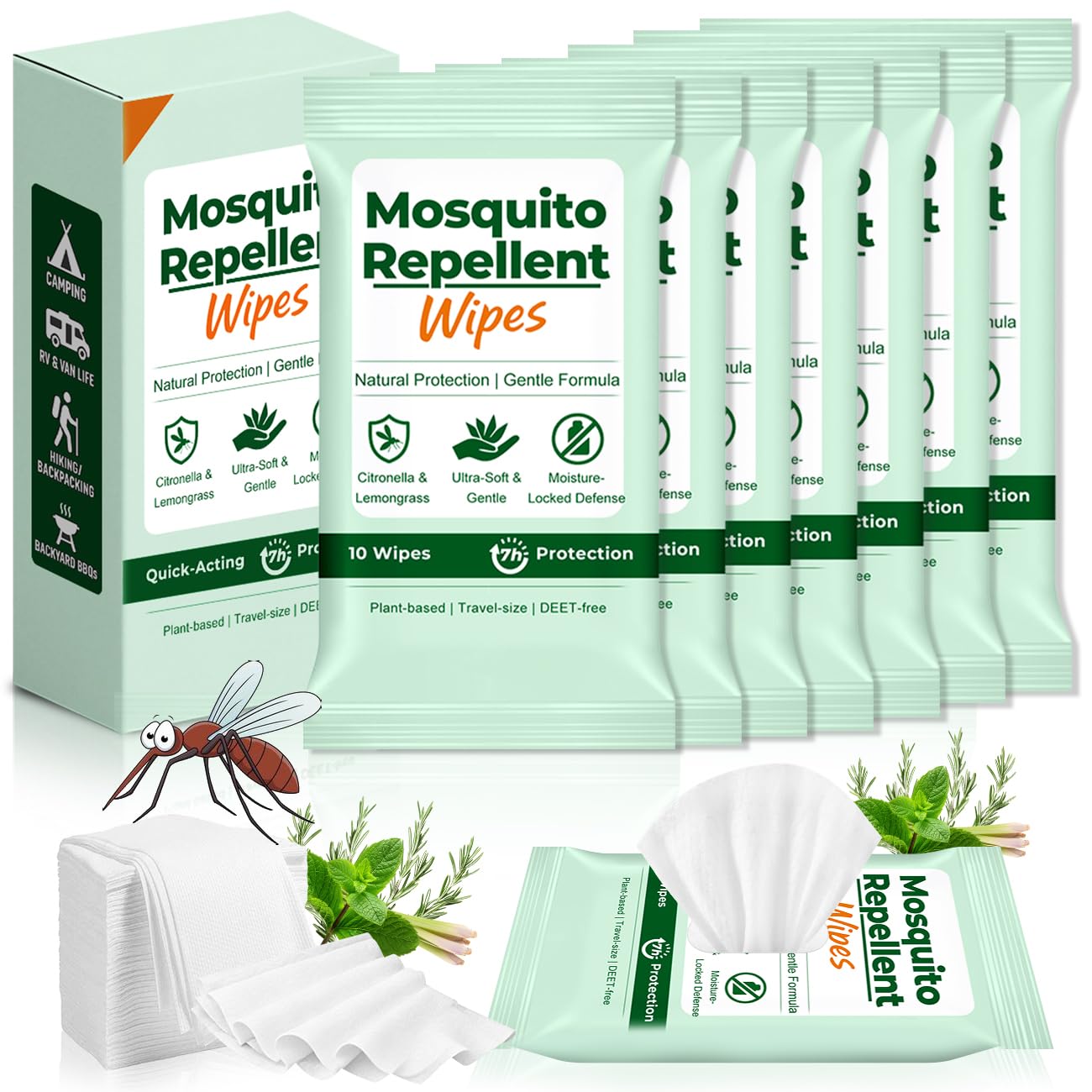 70 Count Natural Mosquito Repellent Wipes, Portable Travel-Size Insect Bug Repellent Wipes in Resealable Pouches, 10 Wipes per Pack, for Camping, Hiking, Travel, Patio Outdoor Protection