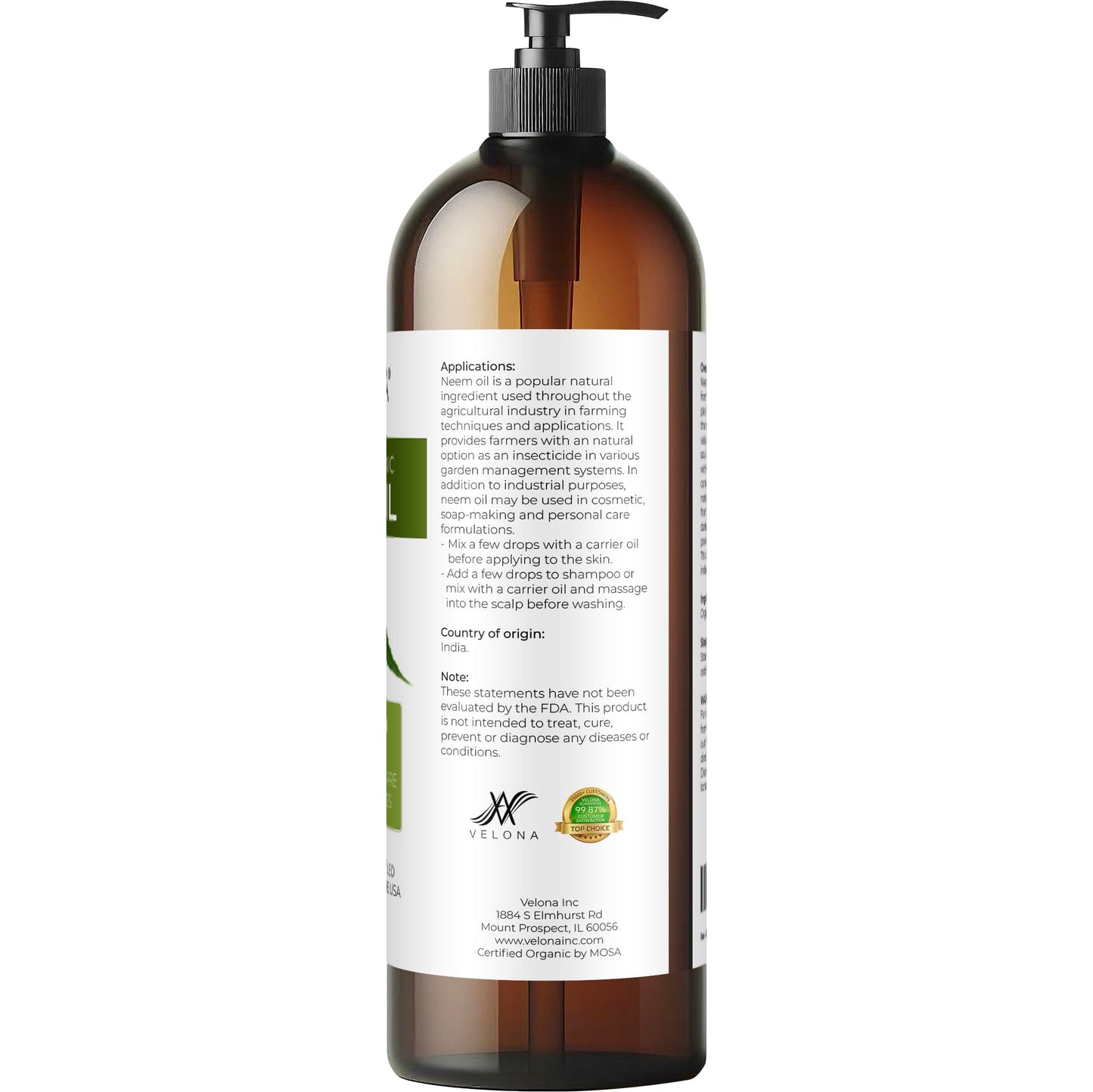 velona USDA Organic Neem Oil - 32 fl oz, Cold Pressed, with Pump