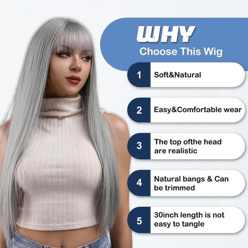 MISSQUEEN Silver Grey Wig with Bangs For Women Long Straight Wigs 30inch Synthetic Natural Look Heat Resistant Wigs for Daily Party Cosplay Travel Used