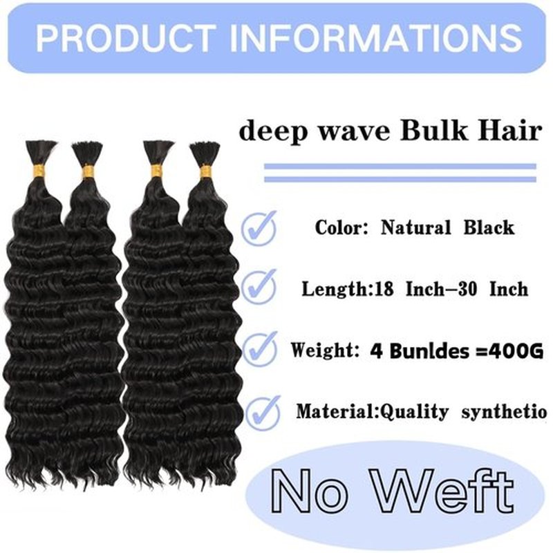 Deep Wave Bulk Hair 18inch 400g,Deep Bulk Hair For Braiding Hair Wet And Wavy Quality Synthetic Micro Braiding Hair Extensions for Boho Braids No Weft (18inch Natural Color)