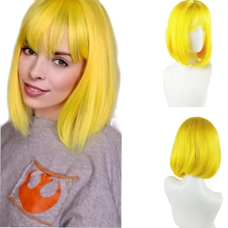 Tangyaoyusun 12Inch Lemon Yellow Wig with Bang Short Straight Bob Hair For Girls Women Theme Party (Lemon Yellow)